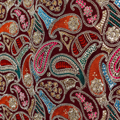 Indian Embroidered Fabric by the Yard Georgette Maroon Embroidery Sewing Curtain DIY Crafting Summer Women Dress Material Drapery Home Decor