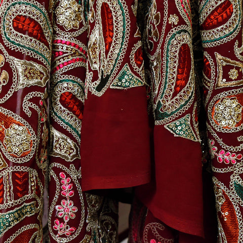 Indian Embroidered Fabric by the Yard Georgette Maroon Embroidery Sewing Curtain DIY Crafting Summer Women Dress Material Drapery Home Decor