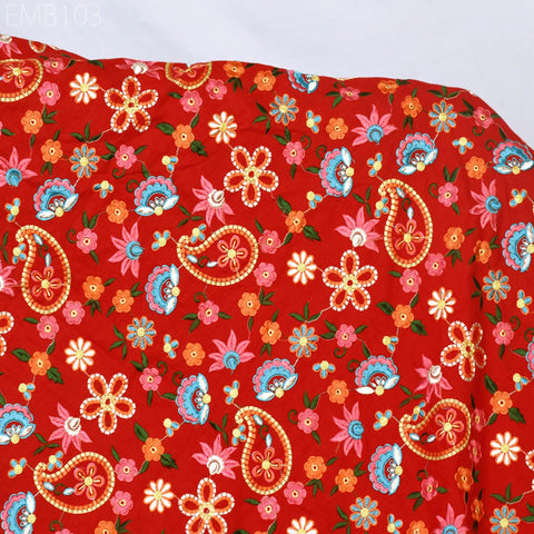 Red Embroidered Cotton Fabric by the Yard Indian Embroidery Sewing DIY Crafting Women Summer Dresses Costumes Tote Bag Home Decor Curtains
