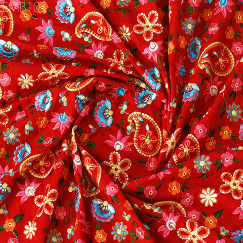 Red Embroidered Cotton Fabric by the Yard Indian Embroidery Sewing DIY Crafting Women Summer Dresses Costumes Tote Bag Home Decor Curtains