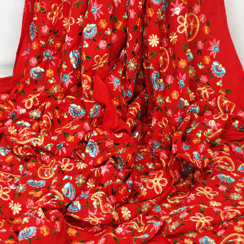 Red Embroidered Cotton Fabric by the Yard Indian Embroidery Sewing DIY Crafting Women Summer Dresses Costumes Tote Bag Home Decor Curtains