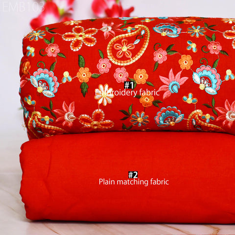 Red Embroidered Cotton Fabric by the Yard Indian Embroidery Sewing DIY Crafting Women Summer Dresses Costumes Tote Bag Home Decor Curtains
