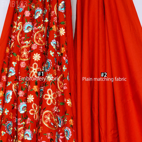 Red Embroidered Cotton Fabric by the Yard Indian Embroidery Sewing DIY Crafting Women Summer Dresses Costumes Tote Bag Home Decor Curtains