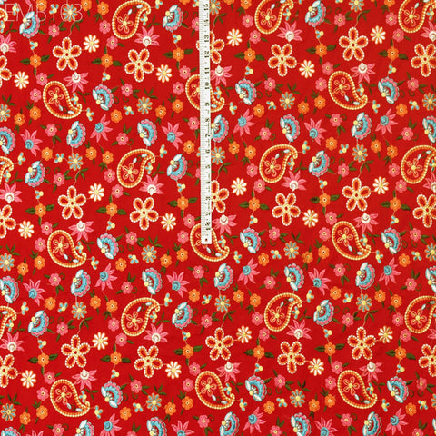Red Embroidered Cotton Fabric by the Yard Indian Embroidery Sewing DIY Crafting Women Summer Dresses Costumes Tote Bag Home Decor Curtains