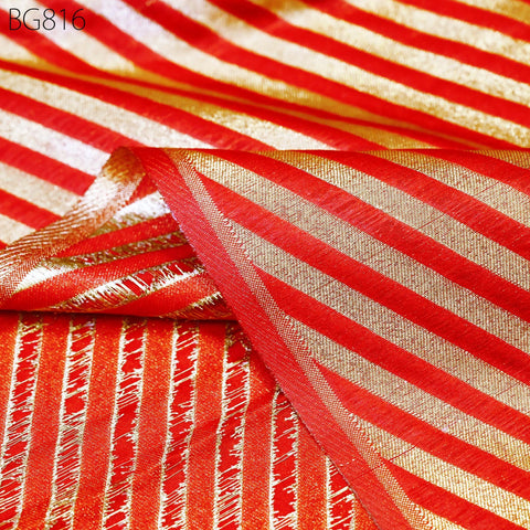 Red Benarse Wedding Dresses Brocade by the yard Diagonal Stripes Indian Banarasi Sewing Material Costume Crafting Drapery Cushion Covers