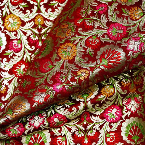 Maroon Indian Brocade Silk Fabric by the Yard Wedding Dresses Jacket Banarasi Costume Material Sewing Crafting Curtain Upholstery Furnishing