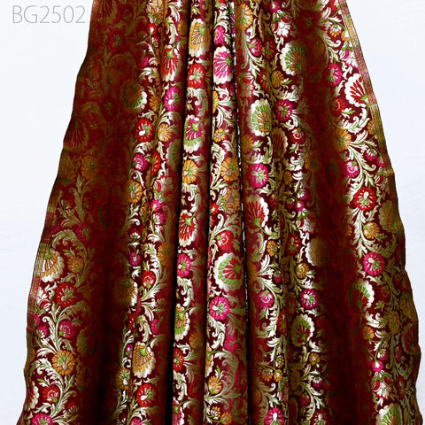 Maroon Indian Brocade Silk Fabric by the Yard Wedding Dresses Jacket Banarasi Costume Material Sewing Crafting Curtain Upholstery Furnishing