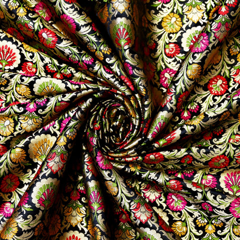 Black Indian Brocade Fabric by Yard Historic Costume Banarasi Wedding Dresses Sewing Material Banaras Knee Length Coat Duvet Covers Valances