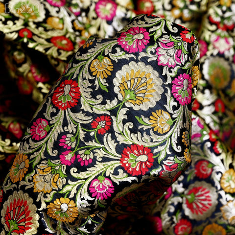 Black Indian Brocade Fabric by Yard Historic Costume Banarasi Wedding Dresses Sewing Material Banaras Knee Length Coat Duvet Covers Valances