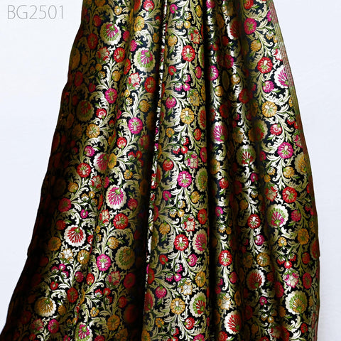 Black Indian Brocade Fabric by Yard Historic Costume Banarasi Wedding Dresses Sewing Material Banaras Knee Length Coat Duvet Covers Valances