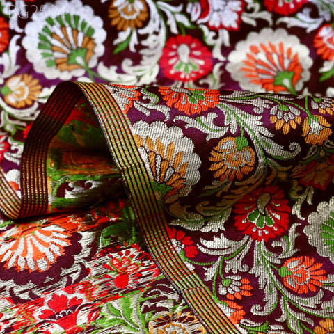 Burgundy Indian Brocade Fabric by Yard Historic Costume Banarasi Wedding Dress Sewing Material Banaras Knee Length Coat Duvet Cover Valances