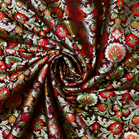 Burgundy Indian Brocade Fabric by Yard Historic Costume Banarasi Wedding Dress Sewing Material Banaras Knee Length Coat Duvet Cover Valances