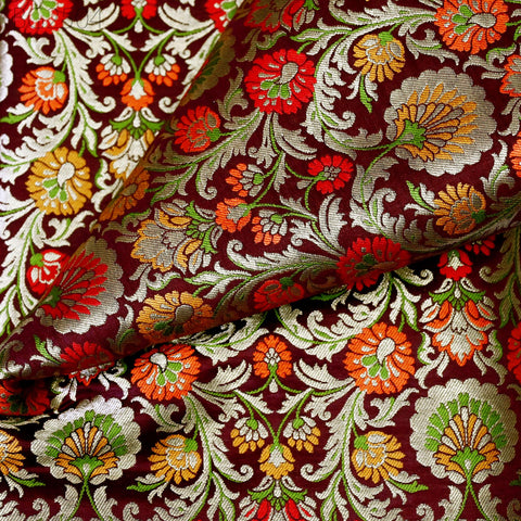 Burgundy Indian Brocade Fabric by Yard Historic Costume Banarasi Wedding Dress Sewing Material Banaras Knee Length Coat Duvet Cover Valances