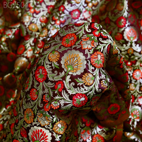 Burgundy Indian Brocade Fabric by Yard Historic Costume Banarasi Wedding Dress Sewing Material Banaras Knee Length Coat Duvet Cover Valances
