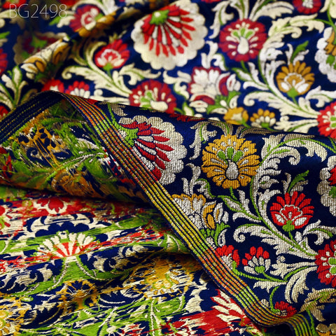 Blue Indian Brocade Fabric by Yard Historic Costume Banarasi Wedding Dresses Sewing Material Banaras Knee Length Coat Duvet Covers Valances