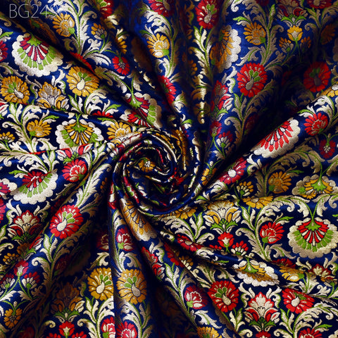 Blue Indian Brocade Fabric by Yard Historic Costume Banarasi Wedding Dresses Sewing Material Banaras Knee Length Coat Duvet Covers Valances