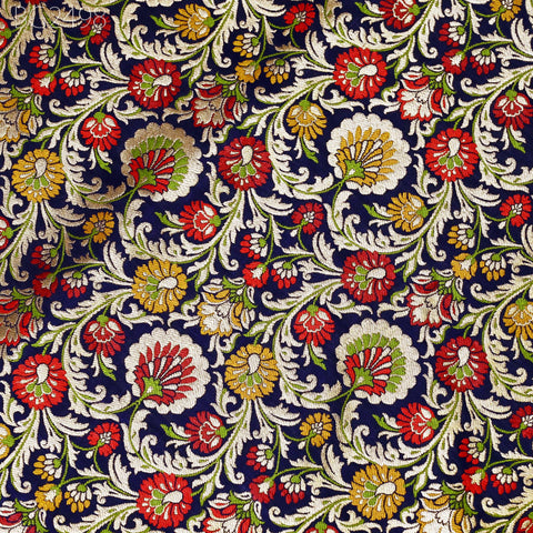 Blue Indian Brocade Fabric by Yard Historic Costume Banarasi Wedding Dresses Sewing Material Banaras Knee Length Coat Duvet Covers Valances