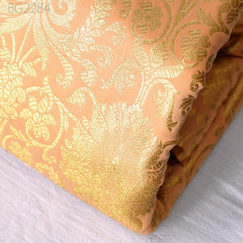 Peach Indian Brocade Fabric Yardage Banarasi Blended Silk Bridal Wedding Dresses Lengha DIY Crafting Sewing Drapery Upholstery Costumes