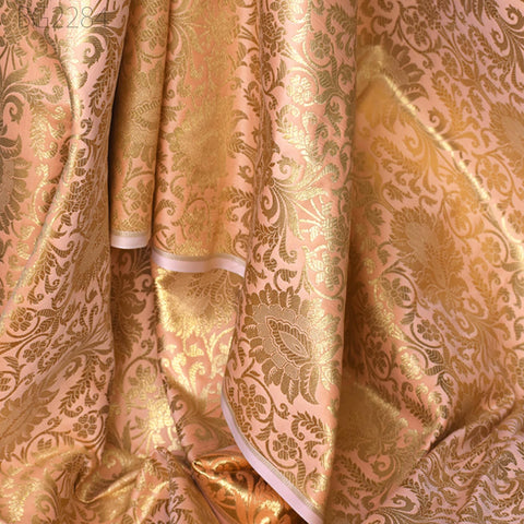 Peach Indian Brocade Fabric Yardage Banarasi Blended Silk Bridal Wedding Dresses Lengha DIY Crafting Sewing Drapery Upholstery Costumes