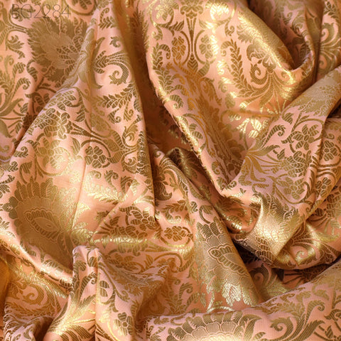 Peach Indian Brocade Fabric Yardage Banarasi Blended Silk Bridal Wedding Dresses Lengha DIY Crafting Sewing Drapery Upholstery Costumes