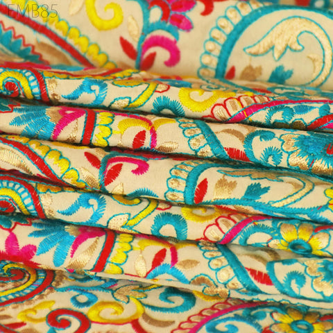 Indian Paisley Embroidered Fabric by the Yard Georgette Embroidery Sewing Curtain Crafting Summer Women Dress Material Drapery Home Decor