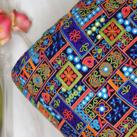 Indian Embroidered Fabric by the Yard Georgette Blue Embroidery Sewing Curtain DIY Crafting Summer Women Dress Material Drapery Home Decor