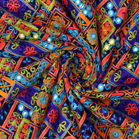 Indian Embroidered Fabric by the Yard Georgette Blue Embroidery Sewing Curtain DIY Crafting Summer Women Dress Material Drapery Home Decor