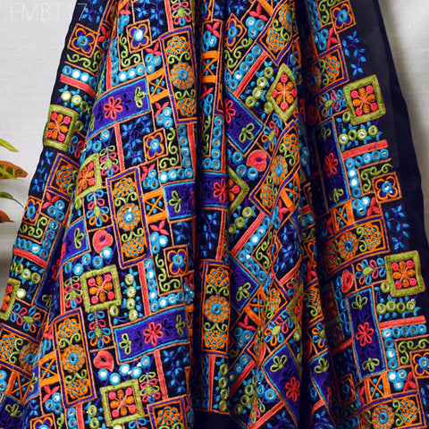 Indian Embroidered Fabric by the Yard Georgette Blue Embroidery Sewing Curtain DIY Crafting Summer Women Dress Material Drapery Home Decor