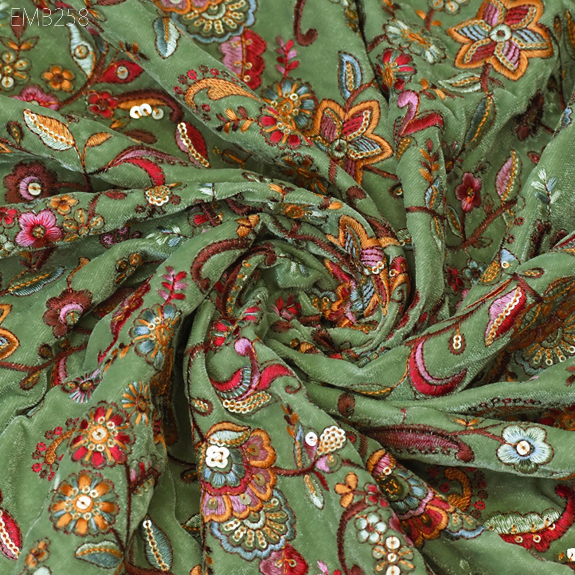 Pista Green Indian Embroidered Velvet Fabric by the yard Sewing DIY Cr ...