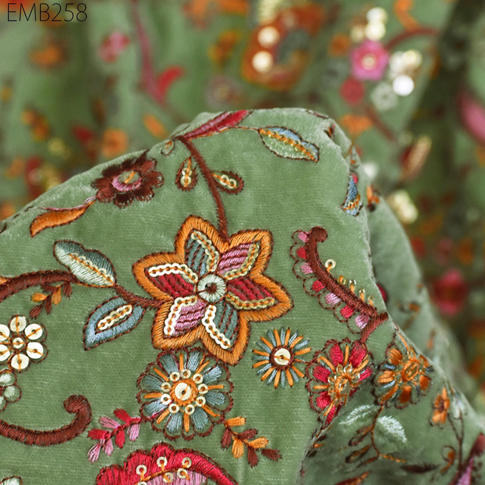 Pista Green Indian Embroidered Velvet Fabric by the yard Sewing DIY Cr ...