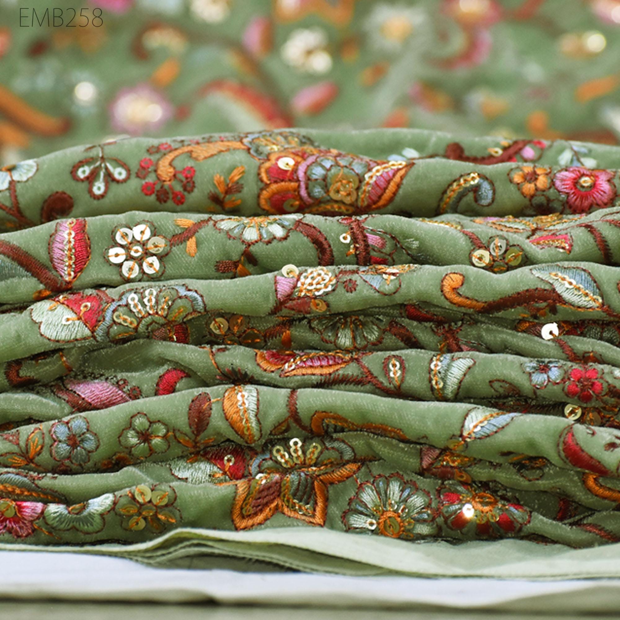 Pista Green Indian Embroidered Velvet Fabric by the yard Sewing DIY Cr ...