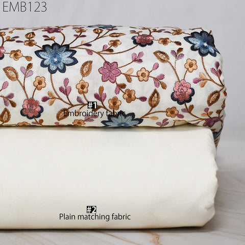 Ivory Embroidered Cotton Fabric, Floral Indian Sewing Fabric by the Yard