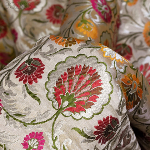 Indian Beige Brocade Fabric by the Yard Banarasi Dress Material Costumes Banaras Wedding Dresses Crafting Sewing Cushions Upholstery Drapery