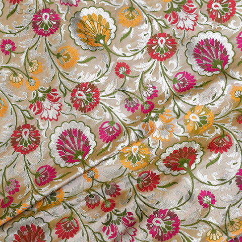 Indian Beige Brocade Fabric by the Yard Banarasi Dress Material Costumes Banaras Wedding Dresses Crafting Sewing Cushions Upholstery Drapery