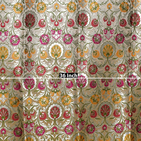 Indian Beige Brocade Fabric by the Yard Banarasi Dress Material Costumes Banaras Wedding Dresses Crafting Sewing Cushions Upholstery Drapery