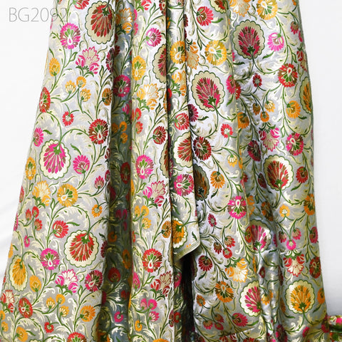 Grey Indian Brocade Fabric by the Yard Banarasi Dress Material Costume Banaras Wedding Dresses Crafting Sewing Cushions Upholstery Drapery