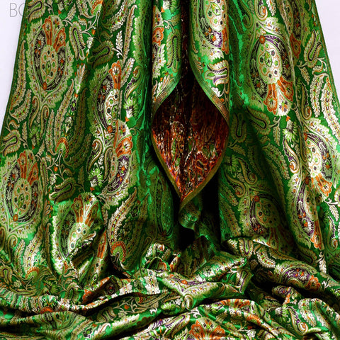 Green Brocade Fabric By Yard Banarasi Indian Bridal Wedding Dress Varanasi Blended Silk Sewing Costume Lehenga Drapery Blouses DIY Crafting