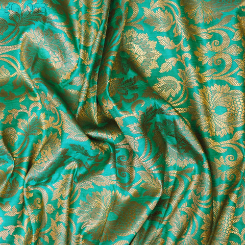 Silk Brocade Lengha Banarasi Silk Brocade Fabric by the Yard Banaras Brocade Silk Sea Green Gold for Wedding Dress Home Decor Indian Fabric