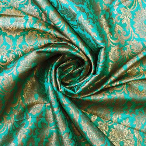 Silk Brocade Lengha Banarasi Silk Brocade Fabric by the Yard Banaras Brocade Silk Sea Green Gold for Wedding Dress Home Decor Indian Fabric