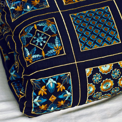 Navy Blue Embroidered Fabric Indian Embroidery Cotton Fabric by the Yard Sewing DIY Crafting Wedding Dress Costumes Doll Tote Bag Home Decor