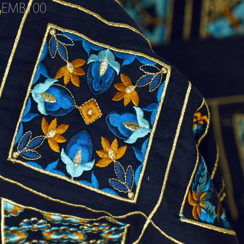 Navy Blue Embroidered Fabric Indian Embroidery Cotton Fabric by the Yard Sewing DIY Crafting Wedding Dress Costumes Doll Tote Bag Home Decor