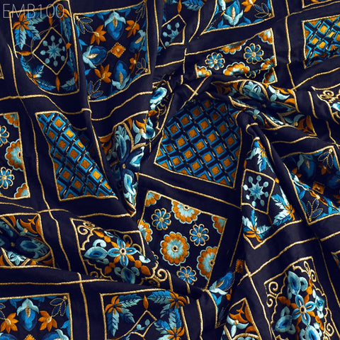Navy Blue Embroidered Fabric Indian Embroidery Cotton Fabric by the Yard Sewing DIY Crafting Wedding Dress Costumes Doll Tote Bag Home Decor