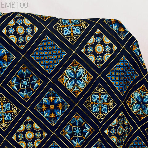 Navy Blue Embroidered Fabric Indian Embroidery Cotton Fabric by the Yard Sewing DIY Crafting Wedding Dress Costumes Doll Tote Bag Home Decor