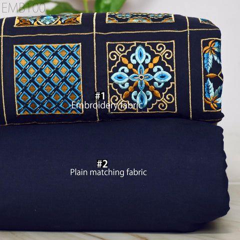 Navy Blue Embroidered Fabric Indian Embroidery Cotton Fabric by the Yard Sewing DIY Crafting Wedding Dress Costumes Doll Tote Bag Home Decor