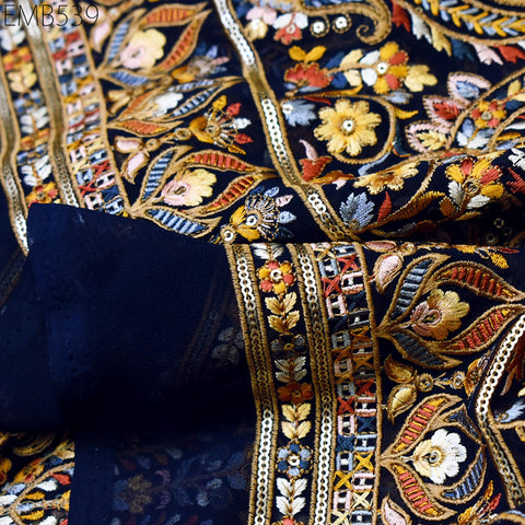 56" Navy Blue Embroidered Georgette Fabric by Yard Indian Embroidery Sewing Summer Women Dress Material Drapery Bridal Lehenga Wedding Dress