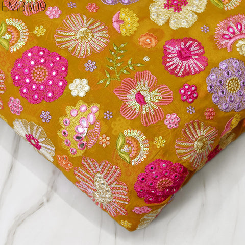 Indian Embroidered Fabric by the Yard Yellow Georgette Embroidery Sewing Curtain DIY Crafting Summer Women Dress Material Drapery Home Decor