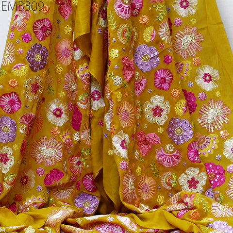 Indian Embroidered Fabric by the Yard Yellow Georgette Embroidery Sewing Curtain DIY Crafting Summer Women Dress Material Drapery Home Decor