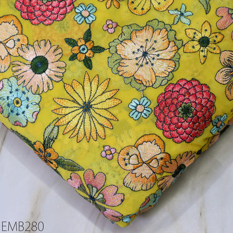 Indian Embroidered Fabric by the Yard Georgette Yellow Embroidery Sewing Curtain DIY Crafting Summer Women Dress Material Drapery Home Decor