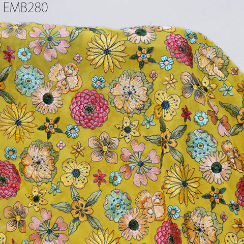 Indian Embroidered Fabric by the Yard Georgette Yellow Embroidery Sewing Curtain DIY Crafting Summer Women Dress Material Drapery Home Decor