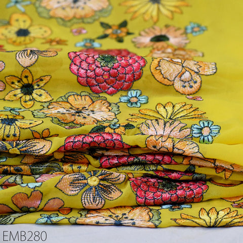 Indian Embroidered Fabric by the Yard Georgette Yellow Embroidery Sewing Curtain DIY Crafting Summer Women Dress Material Drapery Home Decor